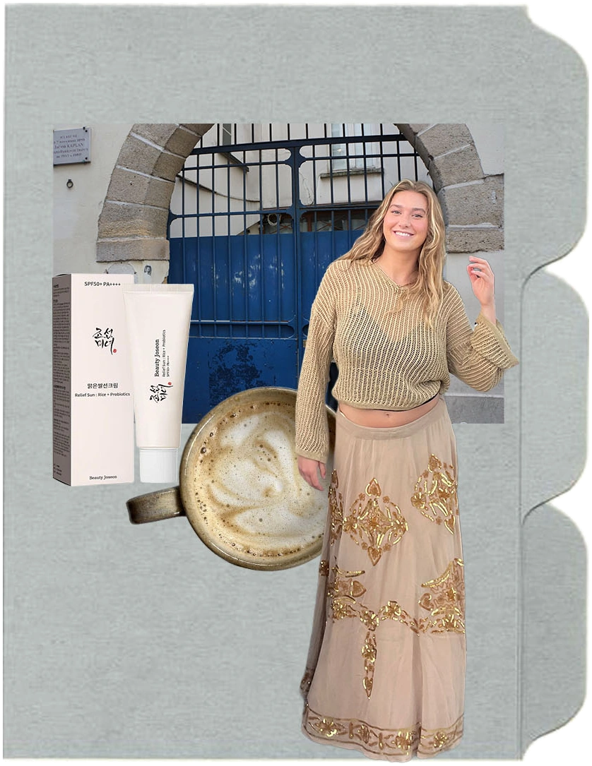 Brooke's folder collage — a Beauty of Joseon sunscreen, a latte, a blue gate archway, and Brooke standing in a gold sweater and embroidered skirt