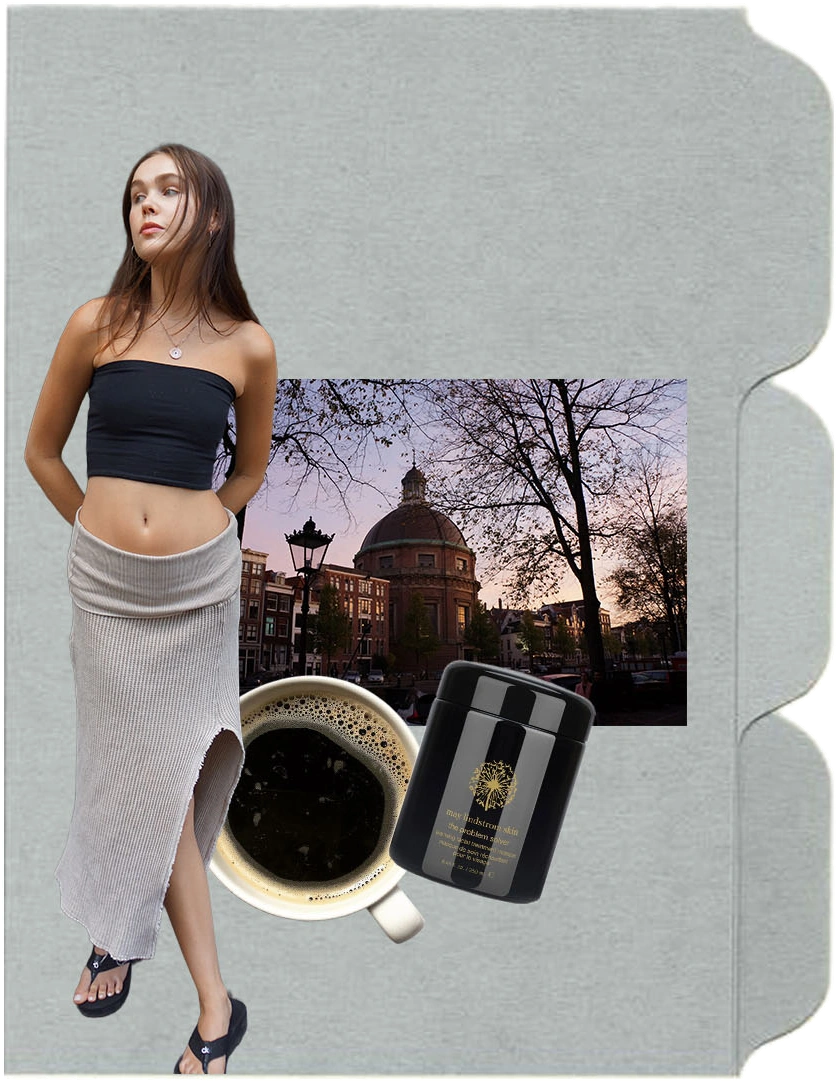 Charlotte's folder collage — a cup of coffee, an Amsterdam canal at dusk, the May Lindstrom Skin Problem Solver jar, and Charlotte standing in a black top and skirt
