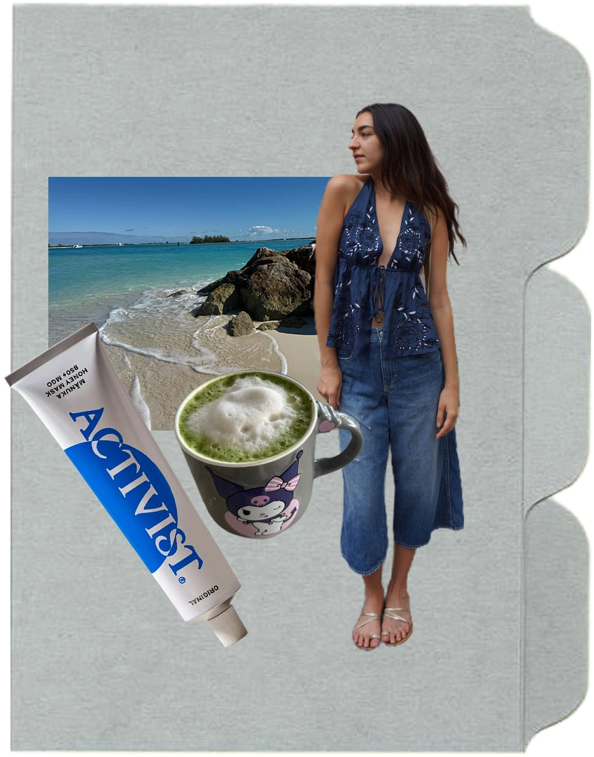 Flora's folder collage — Activist toothpaste, a matcha latte in a Kuromi mug, and Flora standing in a blue top and jeans