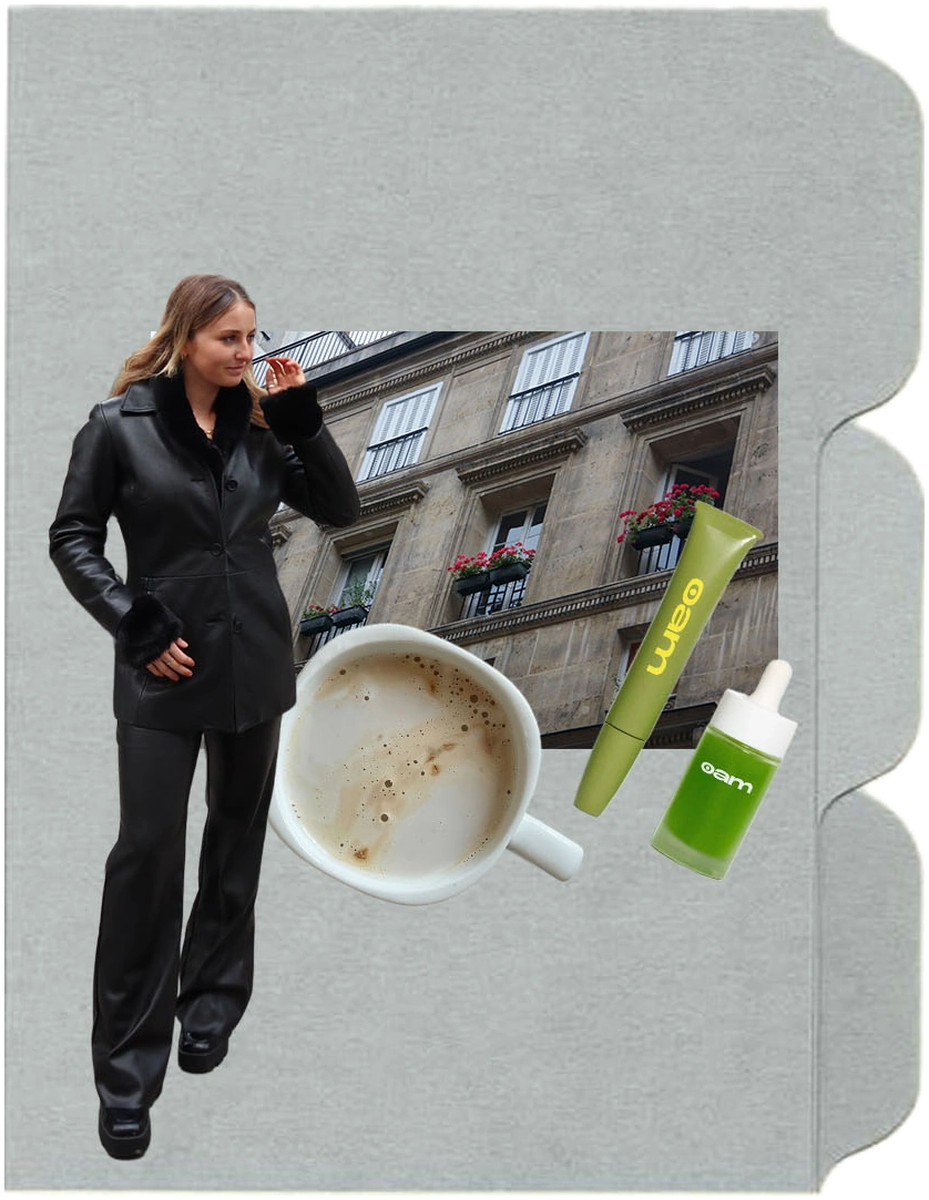 Francesca's folder collage — Oam skincare, a coffee mug, a Parisian balcony, and Francesca in a black leather coat and trousers