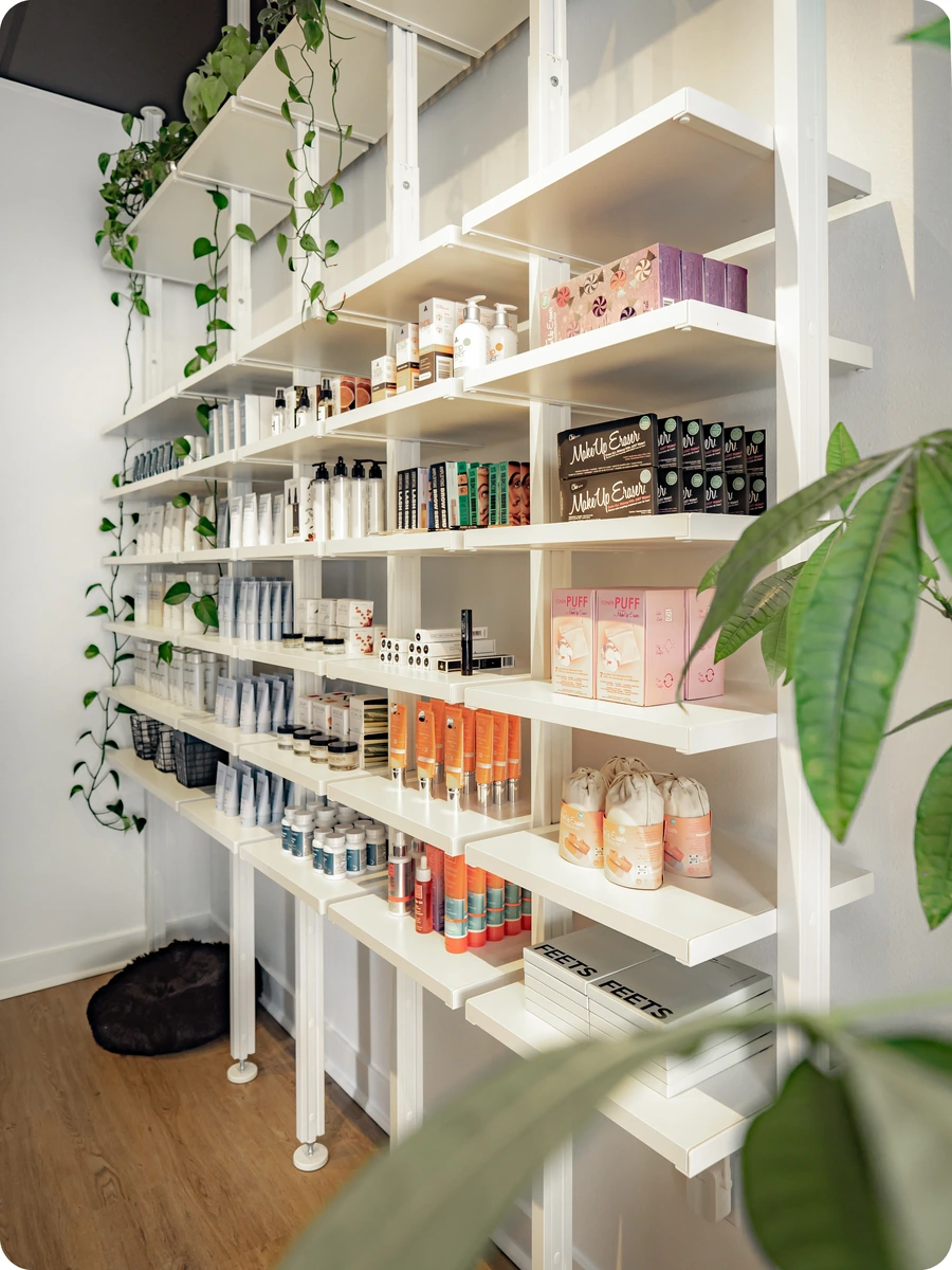 The retail shelves at Esthetic Society, Caitlin's Bellevue studio